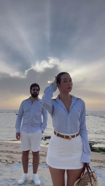 חולצה מכופתרת פולו ראלף לורן לגברים עם פסים תכלת ולבן